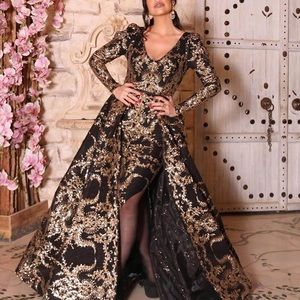 Long sleeve printed sequined prom dress